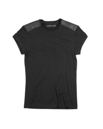 Ktwo Studios Leather Shoulder Black Short-Sleeve Shirt front flat lay