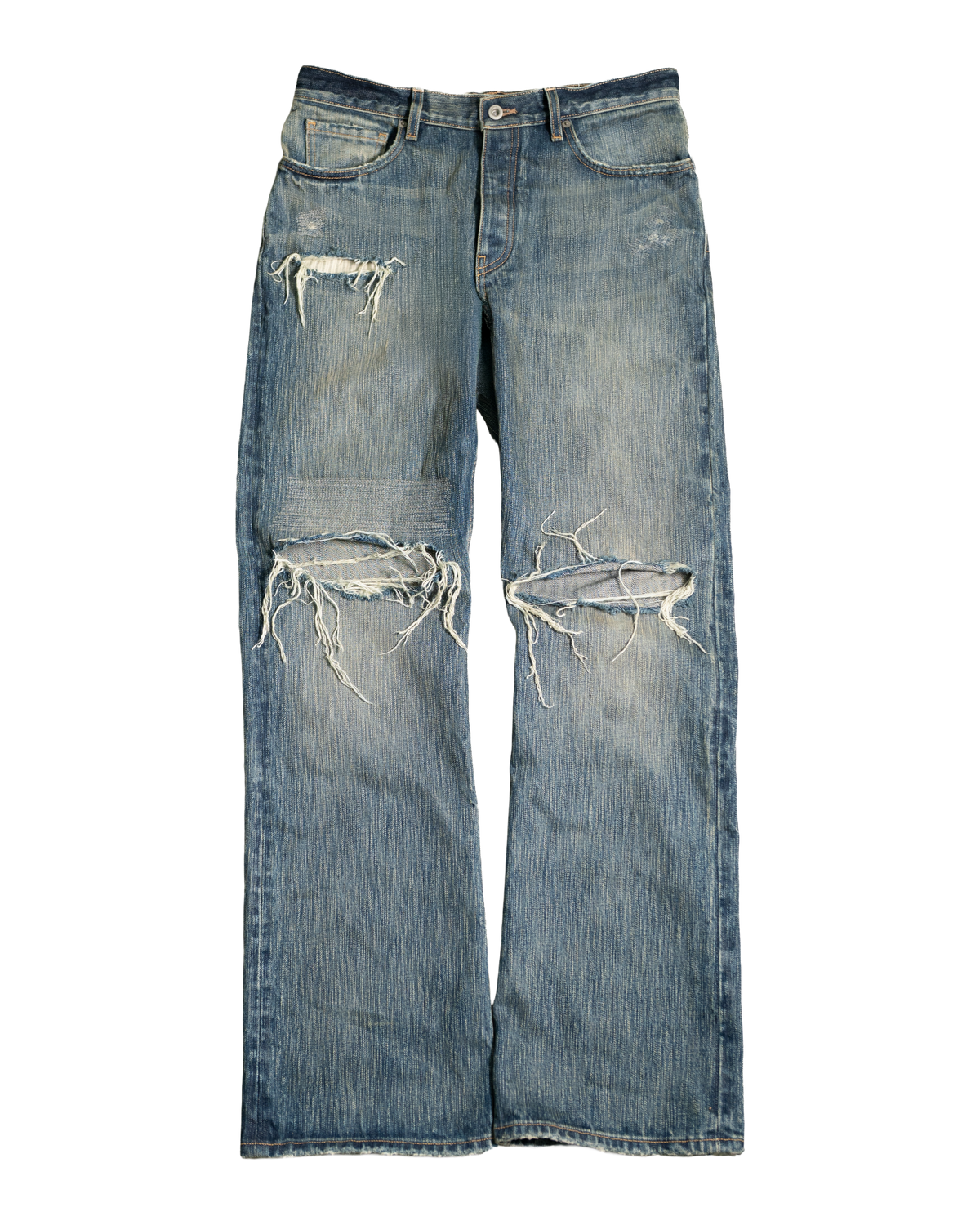 メンズ neweastorder doublebelt distressed denim