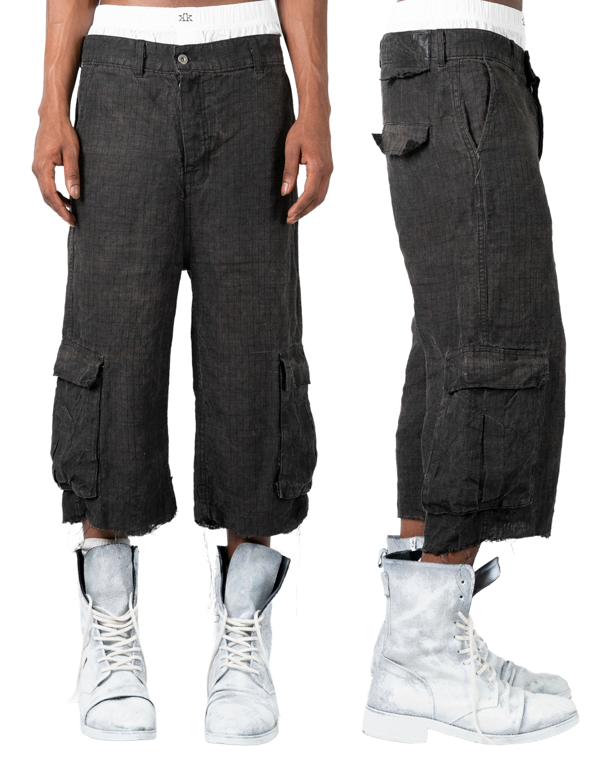 linen cargo capri - dark oil dyed checker